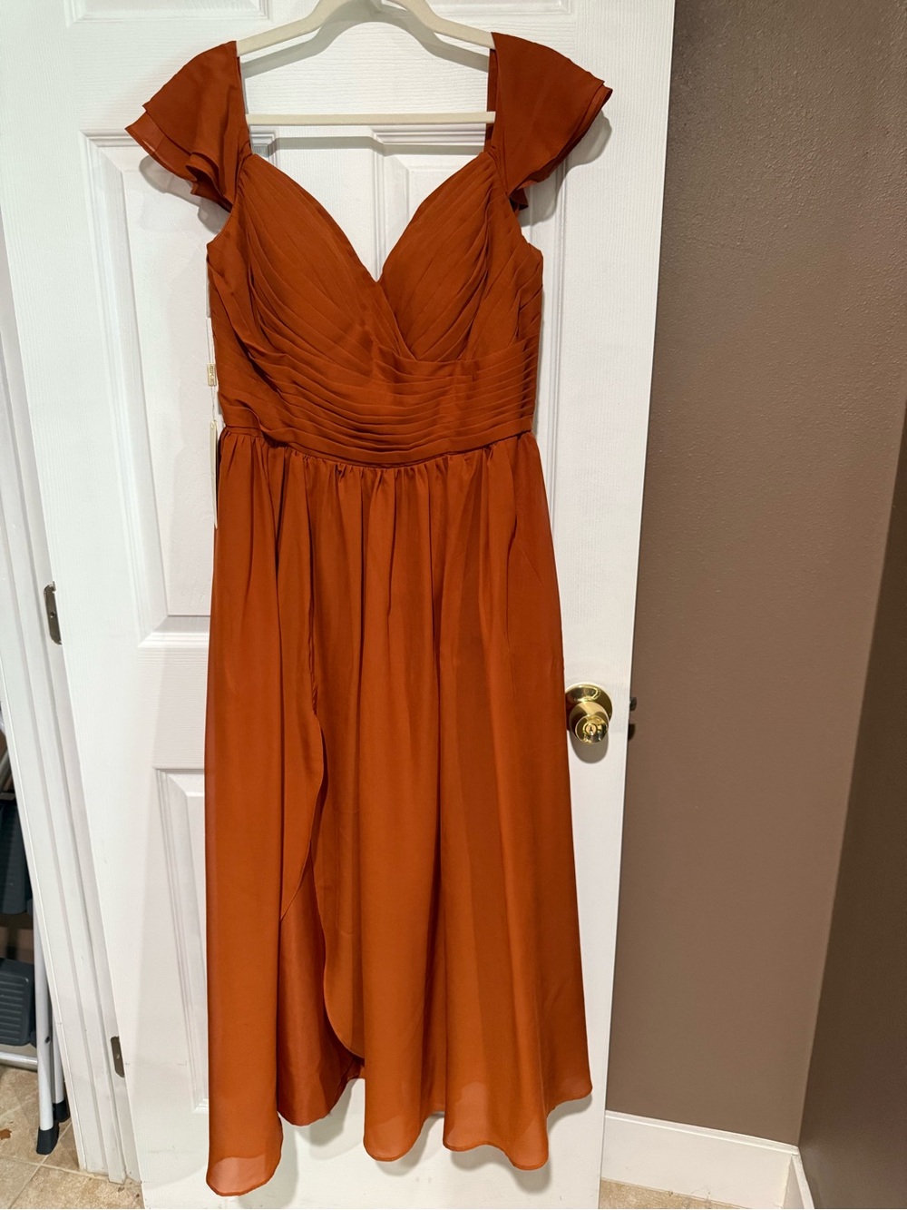 Rust Orange V-Neck Flutter Sleeve Dress